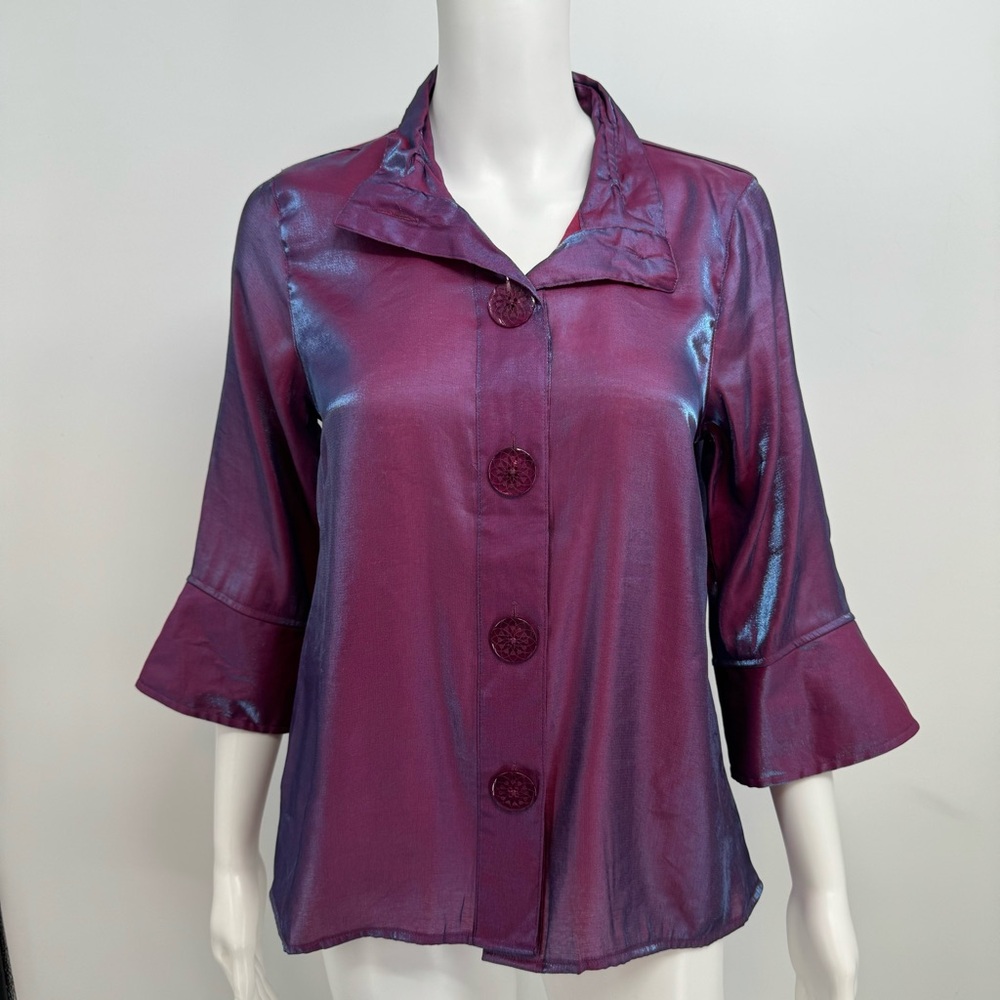 NWT Ali Miles Shimmer Woven Wire Collar 3/4 Cuffed Sleeve Tunic Petite Small New - Picture 3 of 14